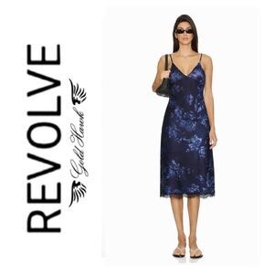 NWT Revolve x Gold Hawk 100% Silk Chloe Chemise Dress in Denim Bloom